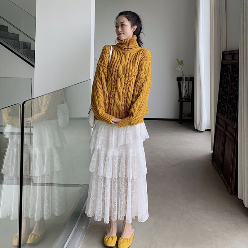韓版新款chic女寬松高領麻花加厚針織毛衣甜美蕾絲蛋糕裙時尚套裝