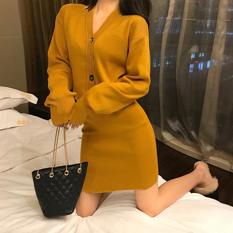 2018秋冬新款韓版針織時尚套裝長袖V領開衫高腰包臀短裙兩件套女