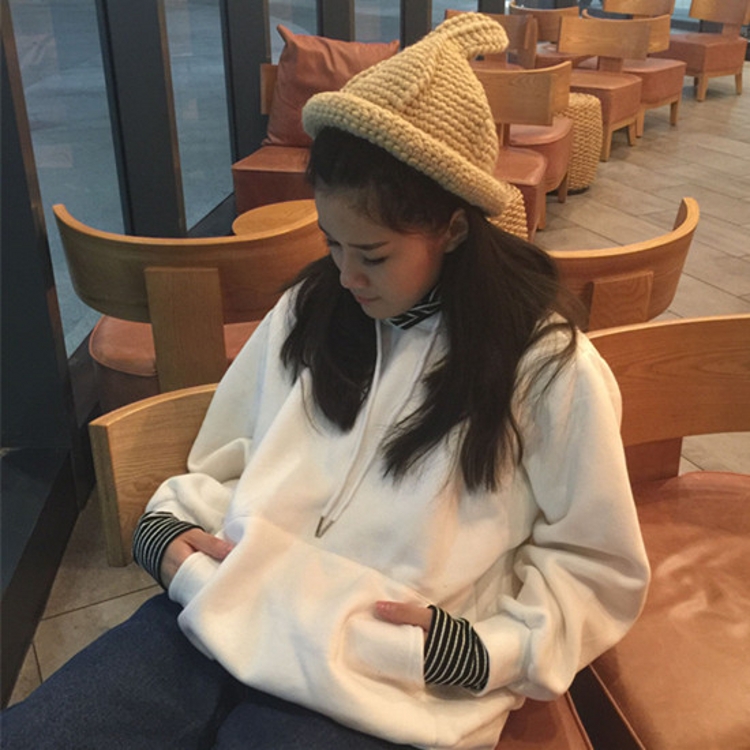 冬款韓國學院風假兩件拼接條紋高領連帽套頭加絨加厚衛衣女