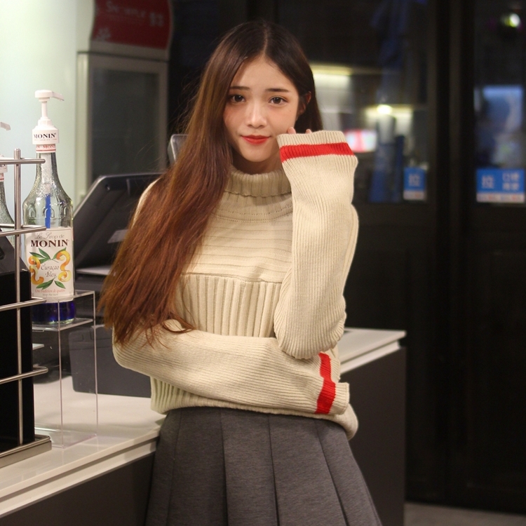冬款韓國學院風半高領撞色袖保暖套頭寬松粗針螺紋毛線毛線女