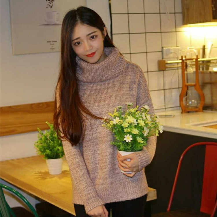 韓國冬款復古學院風高領前短后長套頭保暖寬松粗針毛線毛衣女