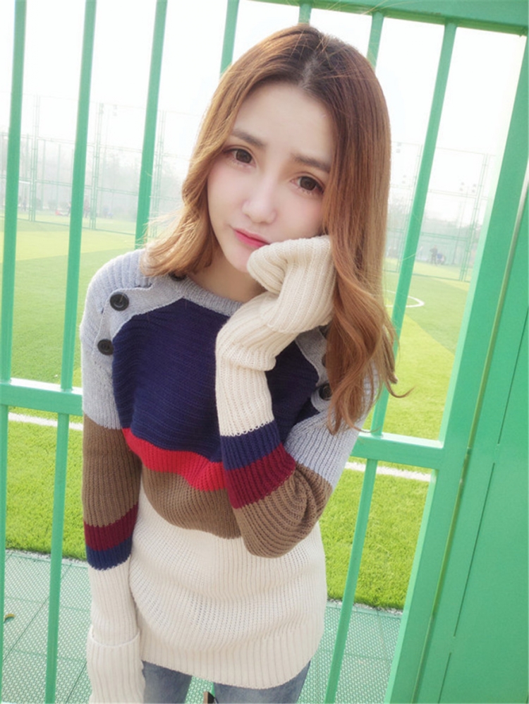 秋冬韓國甜美學院軟妹萌妹紐扣拼色長袖子套頭粗針毛線毛衣女