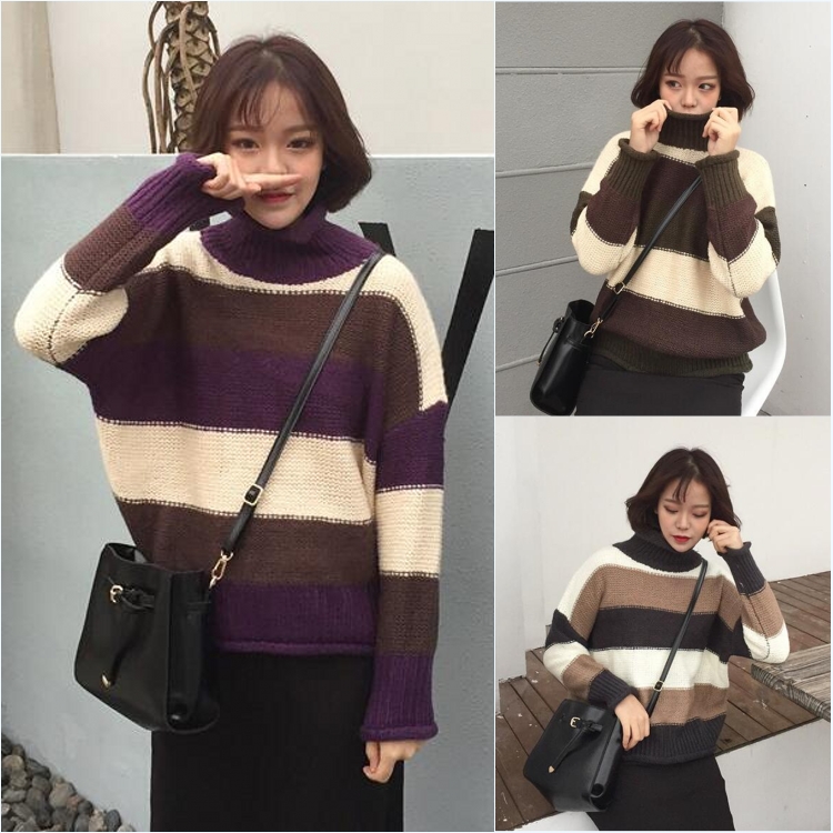 韓國學院風冬款個性三色拼接條寬松套頭高領粗棒針毛線毛衣女