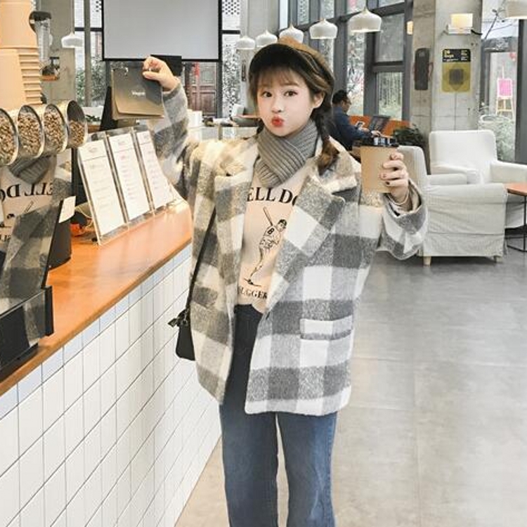 冬款韓國學院風復古格子西裝領寬松厚實中長款毛呢大衣外套女