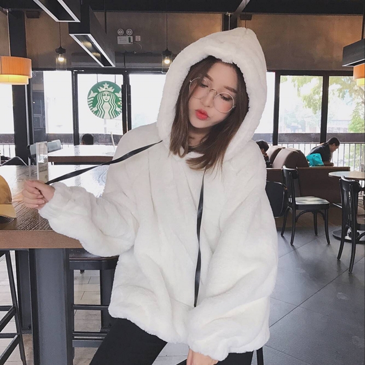韓國甜美學院風冬款保暖加厚連帽抽繩軟妹子毛毛衛衣女絨衫