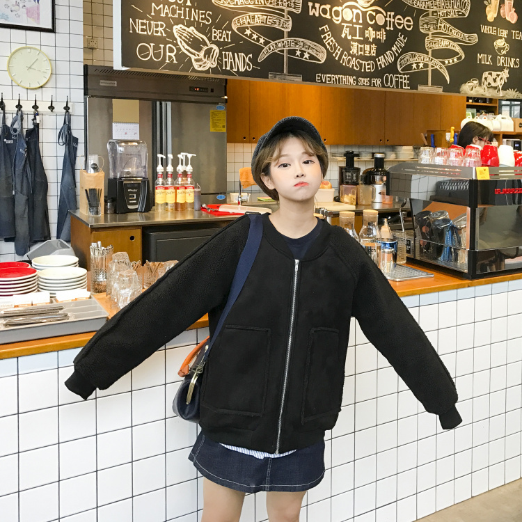 韓國冬款復古街頭麂皮絨棒球領拼接大口袋學生厚實棉衣外套女