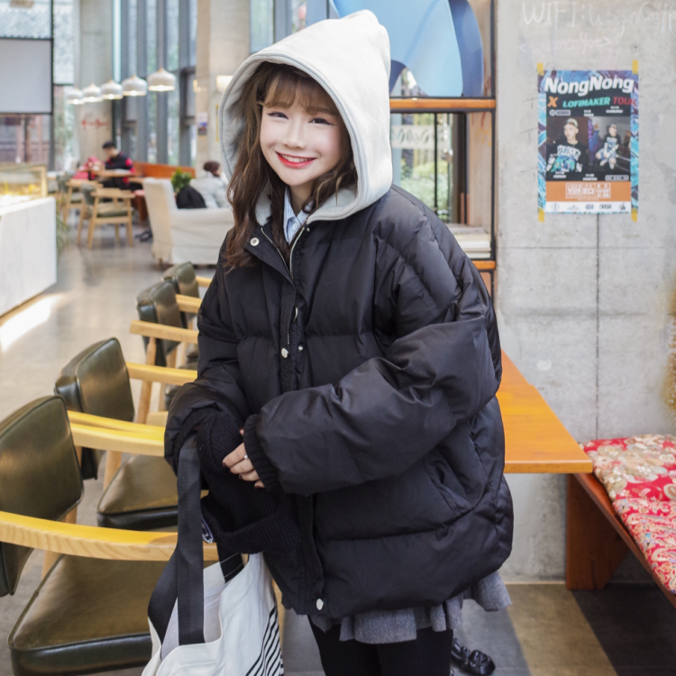 冬款韓國學院風面包服連帽加厚保暖寬松純色棉衣棉服外套女