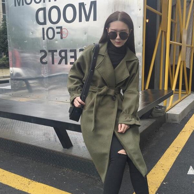 冬款韓國chic簡約設計寬松顯瘦系帶收腰中長款毛呢大衣外套女