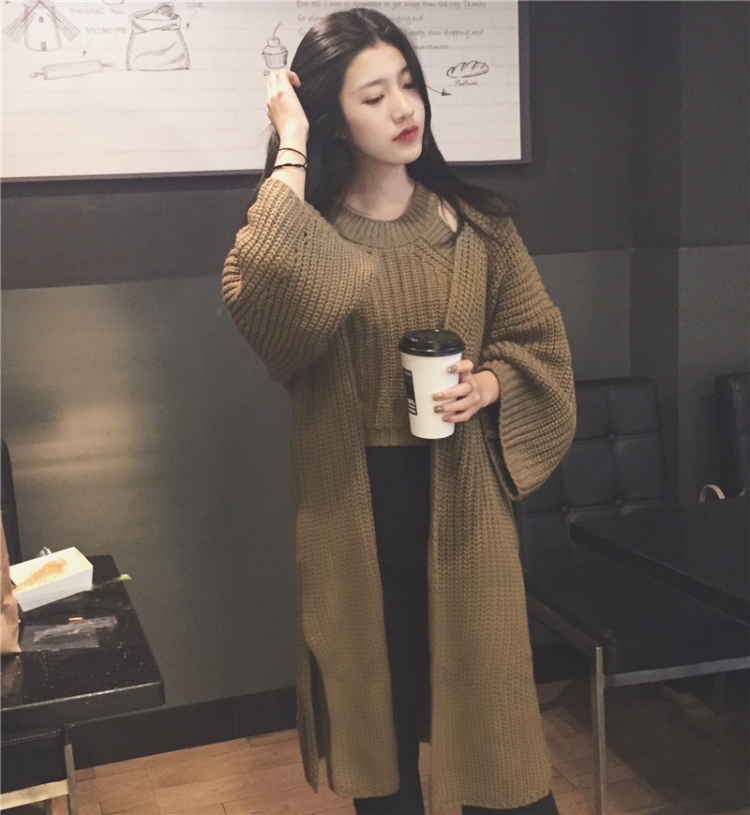 秋冬韓國chic復古咖啡色粗麻花毛線毛衣小背心開衫兩件套女