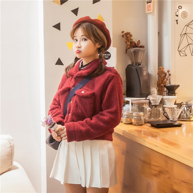 韓國萌妹軟妹系冬款寬松立領小口袋裝飾厚實羊羔毛短款外套女