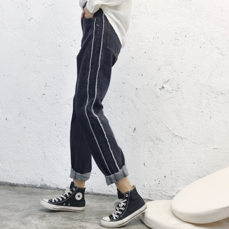 秋冬韓國chic側邊須須設計感運動顯瘦學生牛仔褲女直筒九分褲