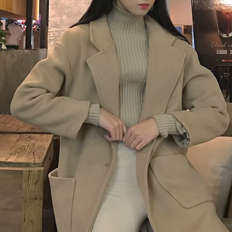 冬款韓國復古chic氣質西裝領雙口袋寬松長款毛呢外套大衣女