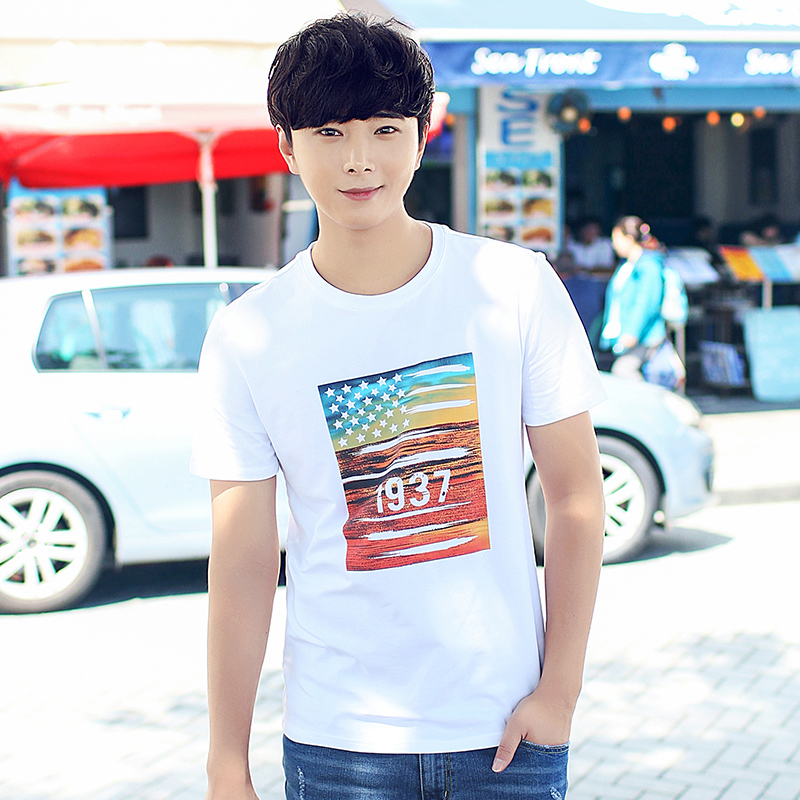 夏季男士短袖t恤新款韓版圓領白色上衣青少年個性印花t恤男裝