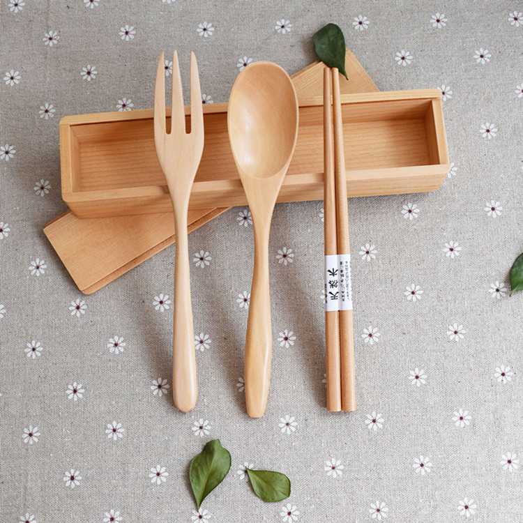 日式創意木勺叉筷布袋便攜餐具學生套裝木勺筷叉筷盒四件套