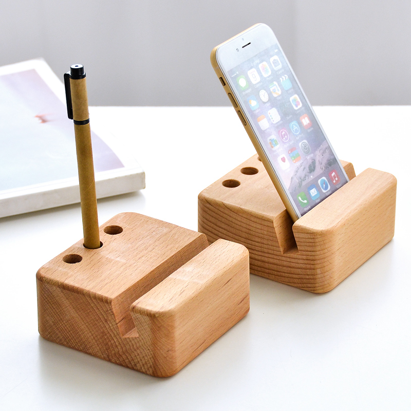 日式櫸木手機支架多功能實木手機座創意辦公用品桌面筆筒