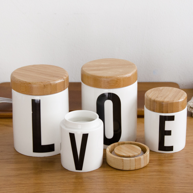 陶瓷字母密封罐家用收納罐陶瓷竹蓋儲存罐廚房調味罐