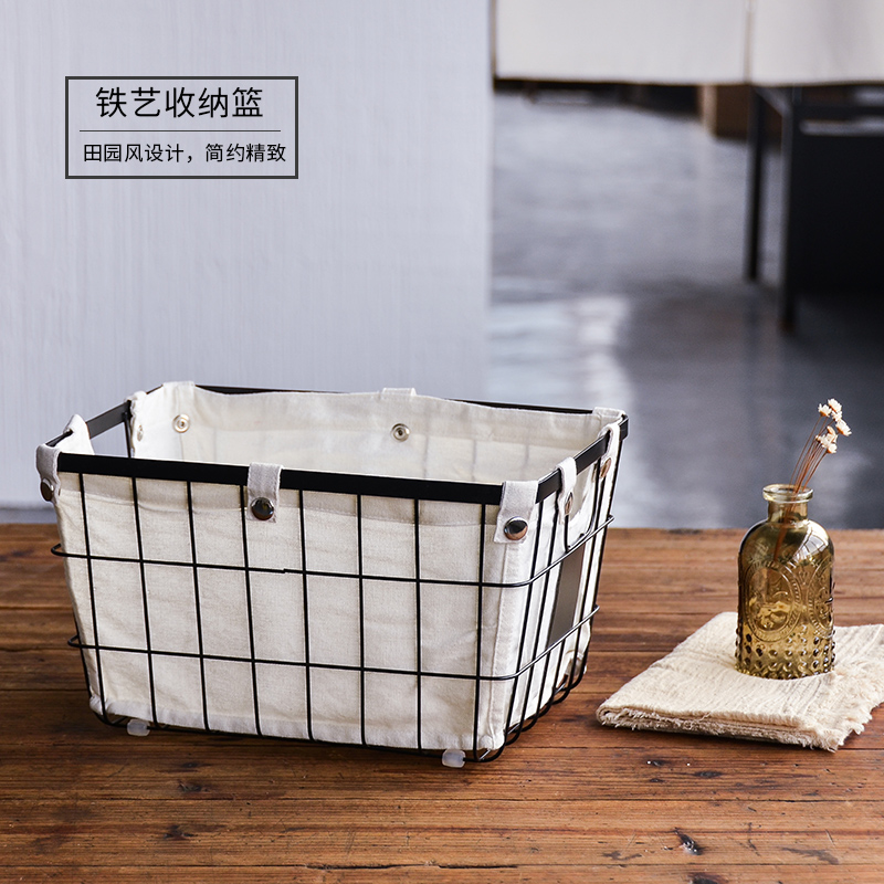 創意日式鐵藝收納籃帆布內襯衣物整理籃雜物收納筐
