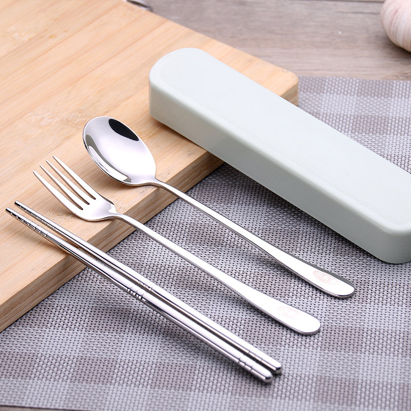 韓式可愛便攜式不銹鋼餐具套裝筷子勺子叉子三件套學生旅行筷勺盒